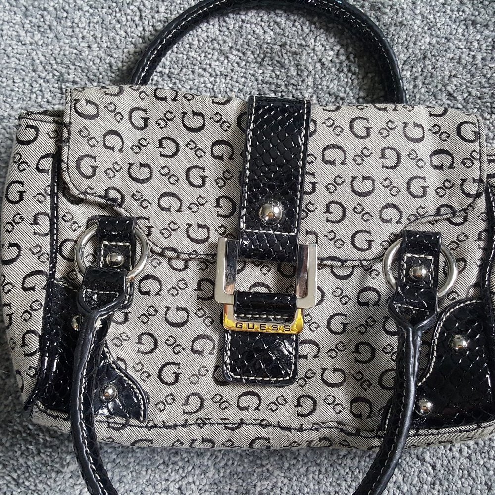 Guess Buckle Canvas Logo Clutch Purse Gray Black